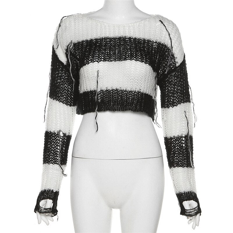 'From the Crypt' Striped Black & White Cropped Goth Sweater