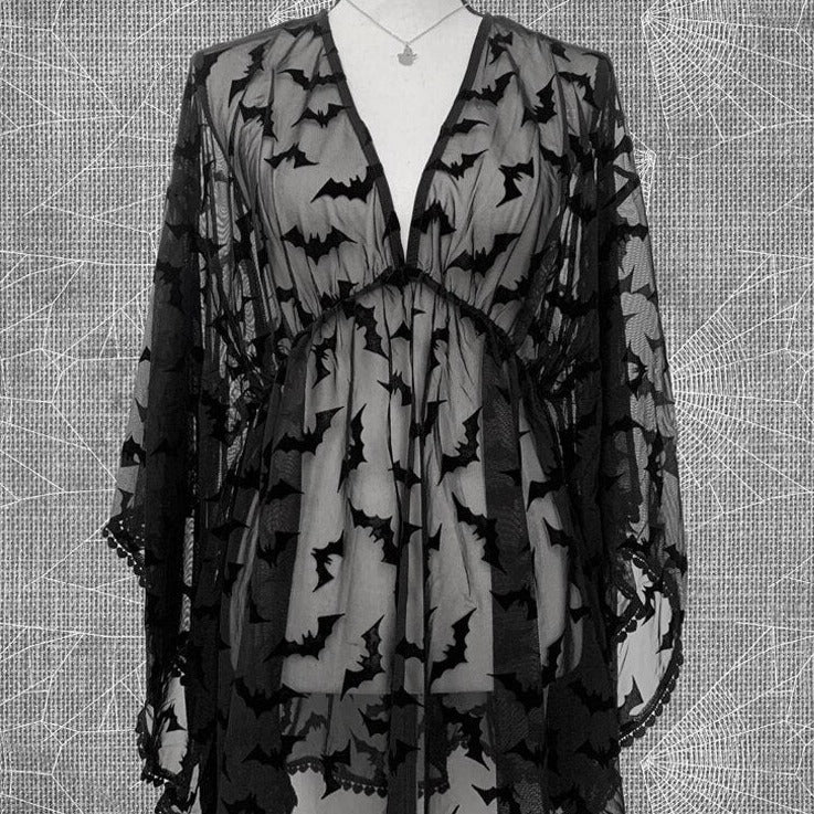 'Dracula' Black Bats Alt Goth See Through Nightgown Lingerie Dress