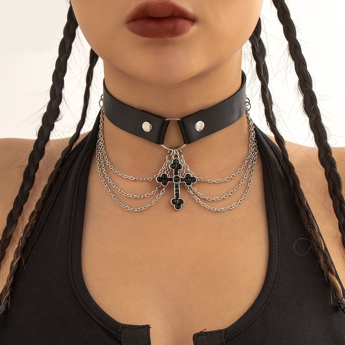 PU Gothic Alt Black Cross Choker Necklace