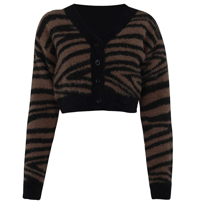 'Wasteland' Grunge Style Fluffy Brown Stripe Pattern Cardigan Sweater