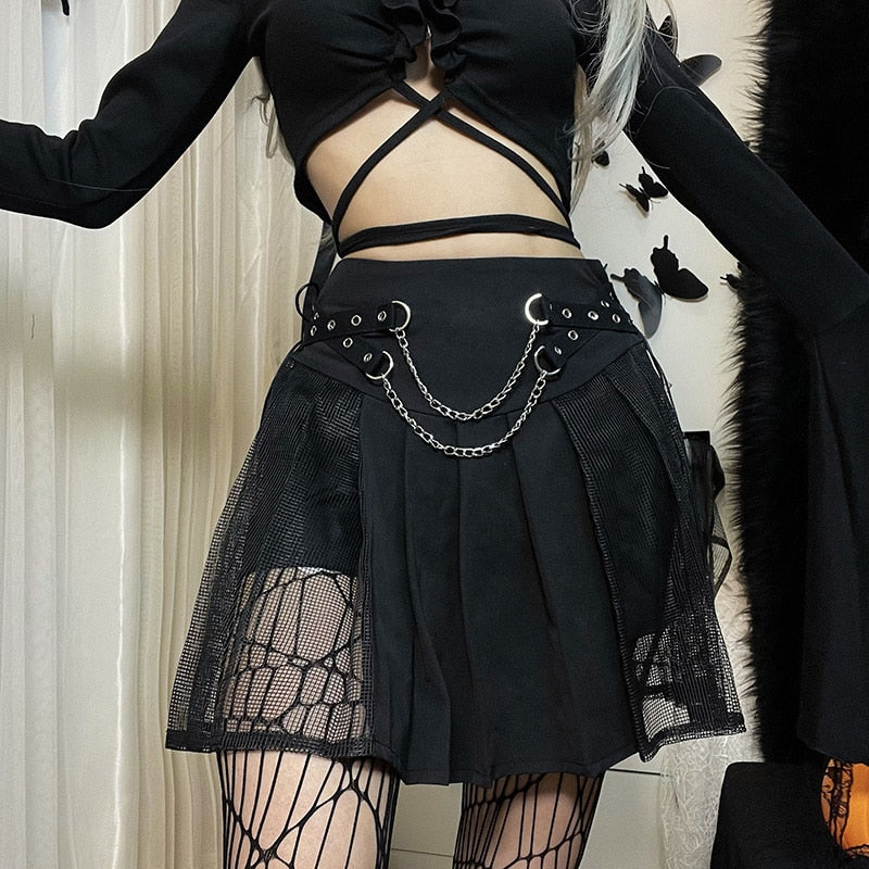 'No Way Out' Black Alt Embroidery Chain Skirt