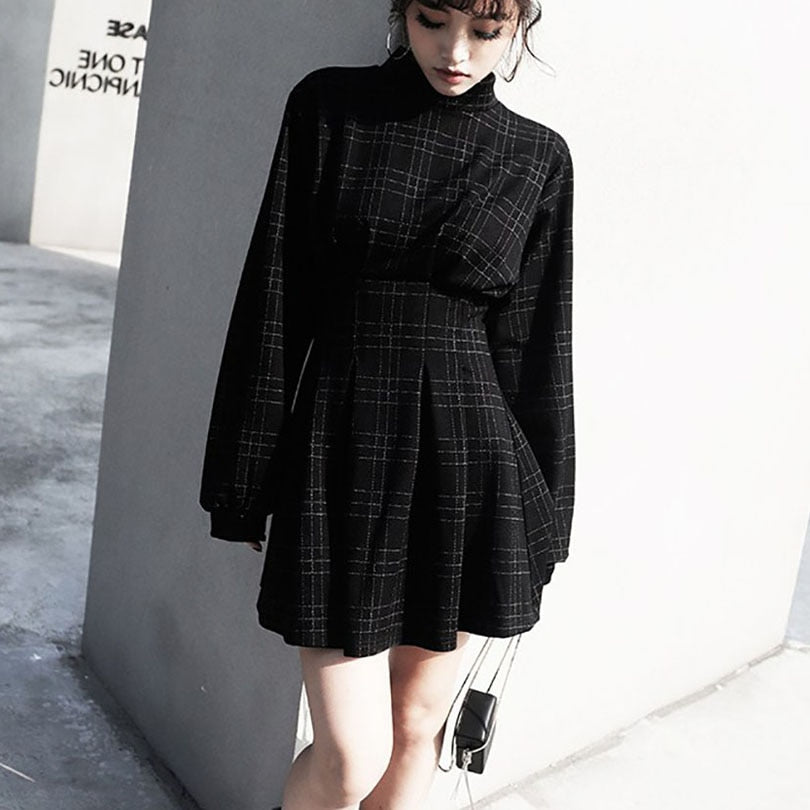 Rags n Rituals 'Reap your Sorrow' Black and grey plaid long puff sleeved dress at $34.99 USD