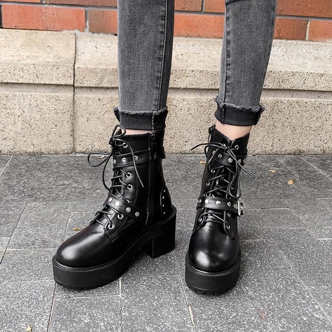 Rags n Rituals 'Night Fall' Black lace up stud buckle boots at $59.99 USD