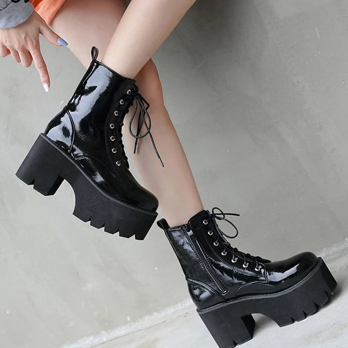 Rags n Rituals 'Omen' patent black lace up platform boots at $62.99 USD