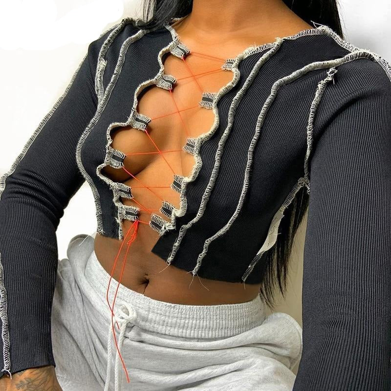 Rags n Rituals 'Faint of Heart' Black lace up long sleeved top with contrast stitching at $24.99 USD