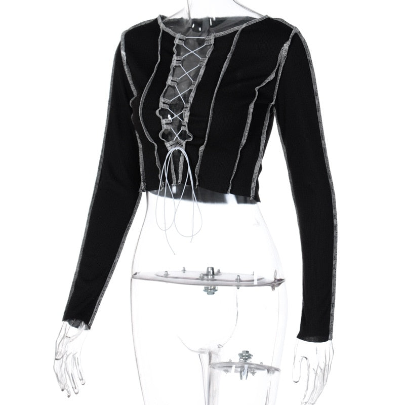 Rags n Rituals 'Faint of Heart' Black lace up long sleeved top with contrast stitching at $24.99 USD