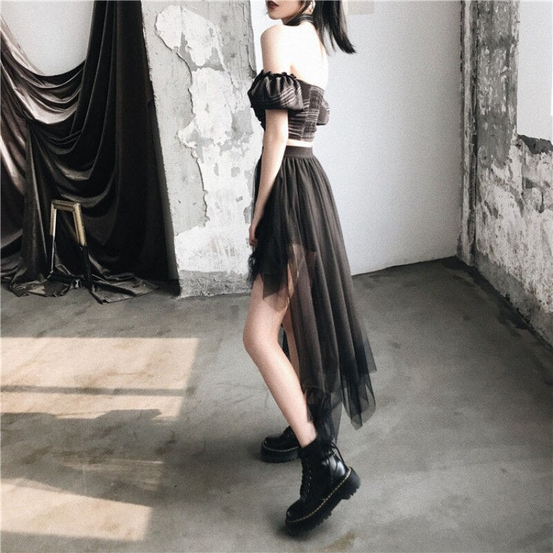 Rags n Rituals 'Destroyer' Black asymmetric tulle mesh skirt at $29.99 USD