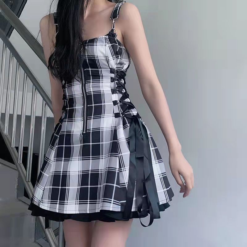 Game on' Black Grunge Plaid Lace Up Dress Rags n Rituals Game on' Black Grunge Plaid Lace Up Dress Rags n Rituals