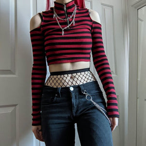 Rags n Rituals 'Rouge' Red and black stripe cold shoulder top at $29.99 USD
