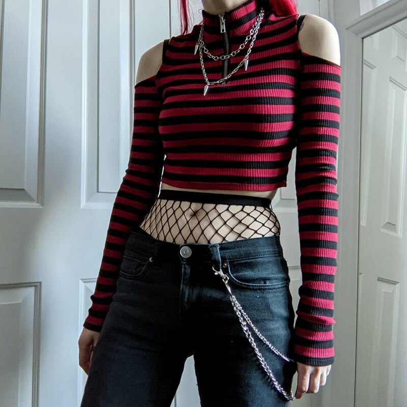 Rags n Rituals 'Rouge' Red and black stripe cold shoulder top at $29.99 USD