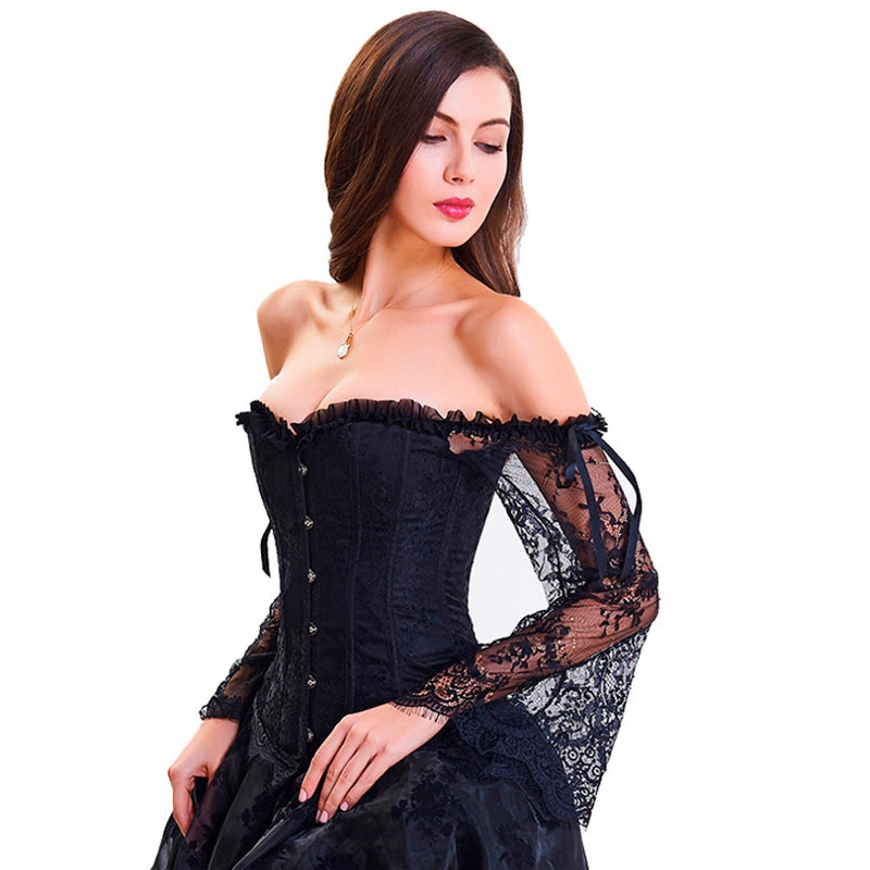 Rags n Rituals 'Witchery' Black off the shoulder lace sleeved corset. S-6XL at $34.99 USD