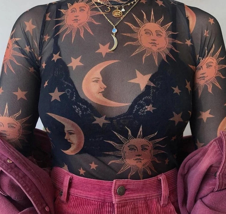 Rags n Rituals 'Celestial Sunset' black mesh moon and star top at $21.99 USD