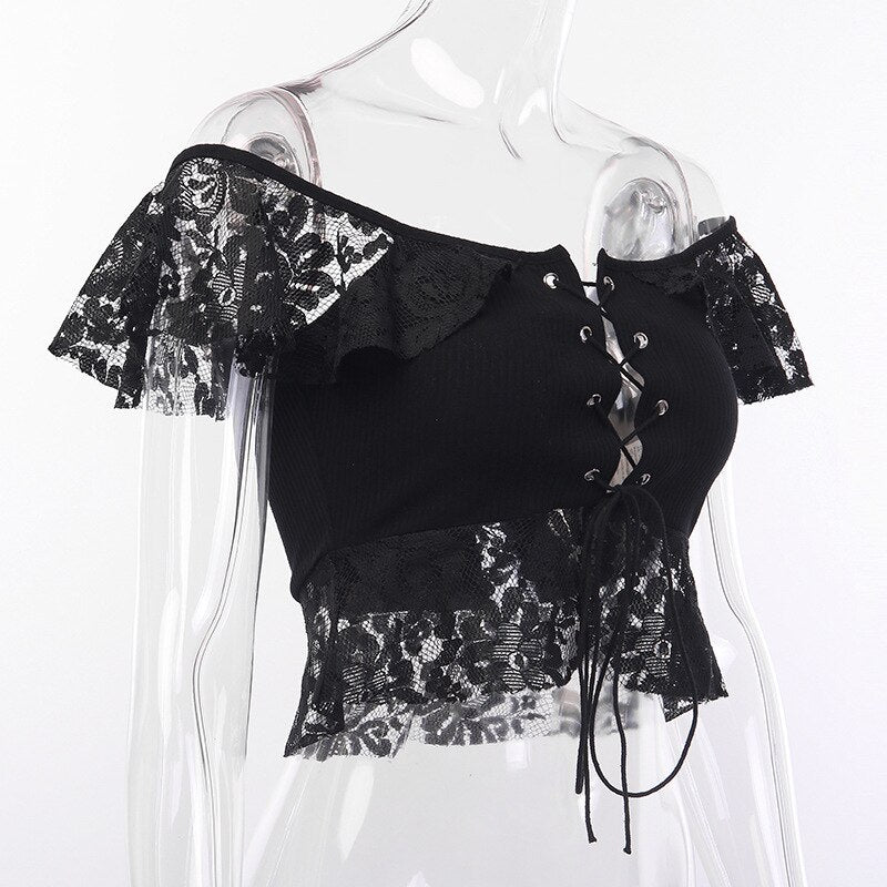 Rags n Rituals 'Mad Hatter' Black lace off the shoulder top at $24.99 USD